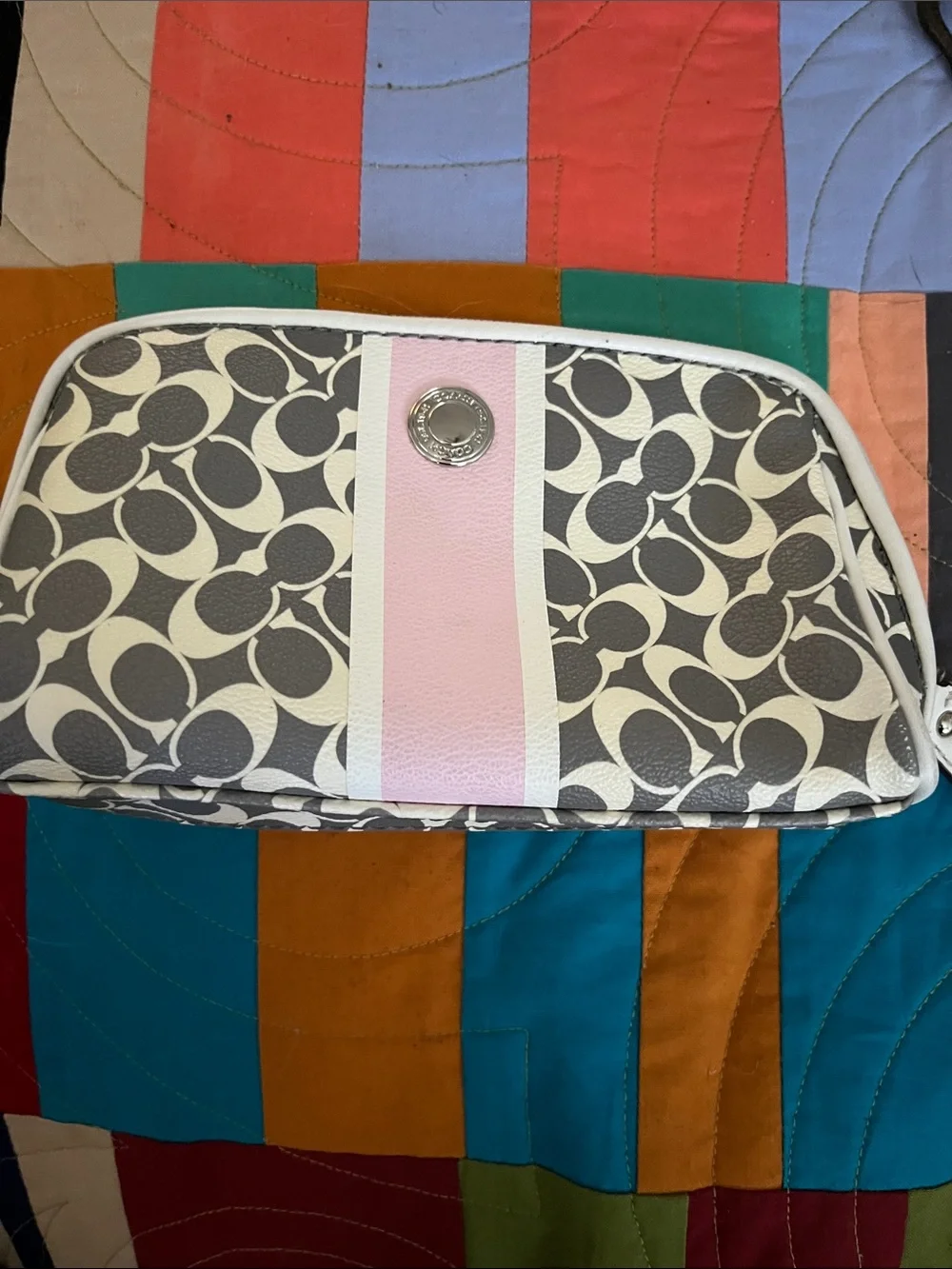 Coach Signature Cosmetic Pouch in Chalk and Pink Stripe